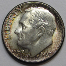 1960 D Roosevelt Dime - antique beautifully toned American silver dime
