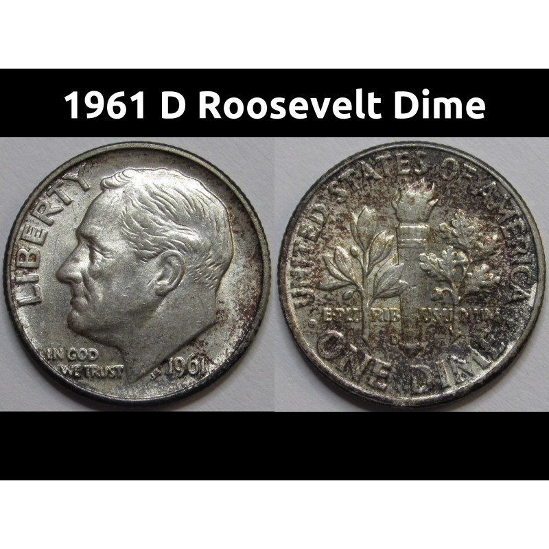 1961 D Roosevelt Dime - antique album toned uncirculated American dime 1961 D Roosevelt Dime - antique album toned uncirculated American dime