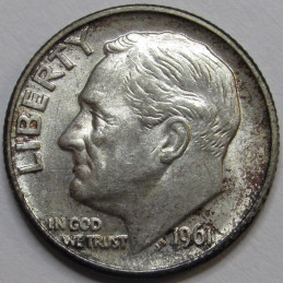 1961 D Roosevelt Dime - antique album toned uncirculated American dime