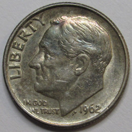 1962 Roosevelt Dime - antique toned American silver dime