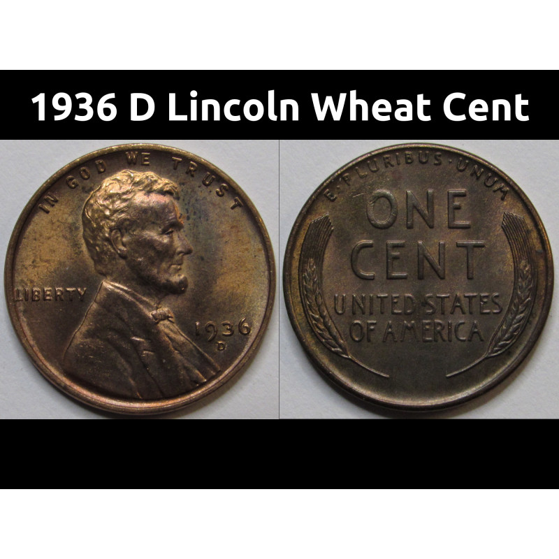 1936 D Lincoln Wheat Cent - antique Denver mintmark American wheat penny coin 1936 D Lincoln Wheat Cent - antique Denver mintmark American wheat penny coin