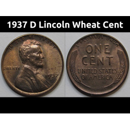 1937 D Lincoln Wheat Cent - antique Denver mintmark American penny