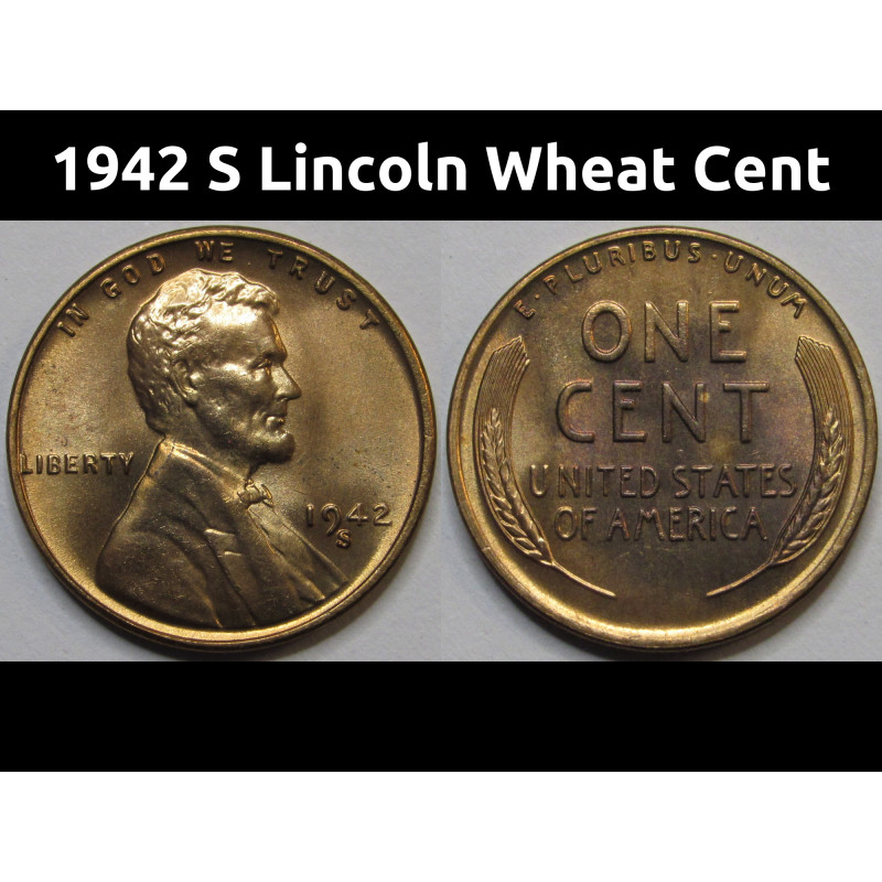 1942 S Lincoln Wheat Cent - antique San Francisco mintmark American wheat penny 1942 S Lincoln Wheat Cent - antique San Francisco mintmark American wheat penny