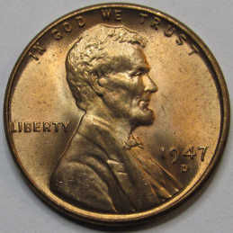 1947 D Lincoln Wheat Cent - antique Denver mintmark American uncirculated penny