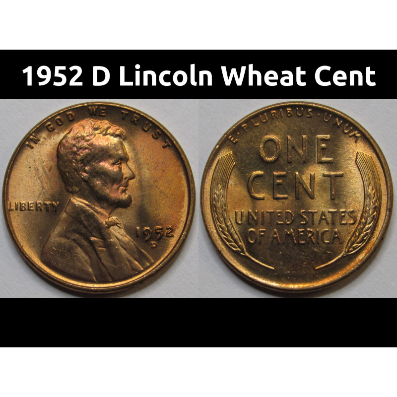 1952 D Lincoln Wheat Cent - antique Denver mintmark American wheat penny 1952 D Lincoln Wheat Cent - antique Denver mintmark American wheat penny