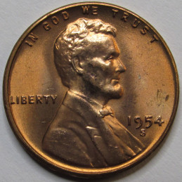 1954 S Lincoln Wheat Cent - antique San Francisco mintmark American wheat penny