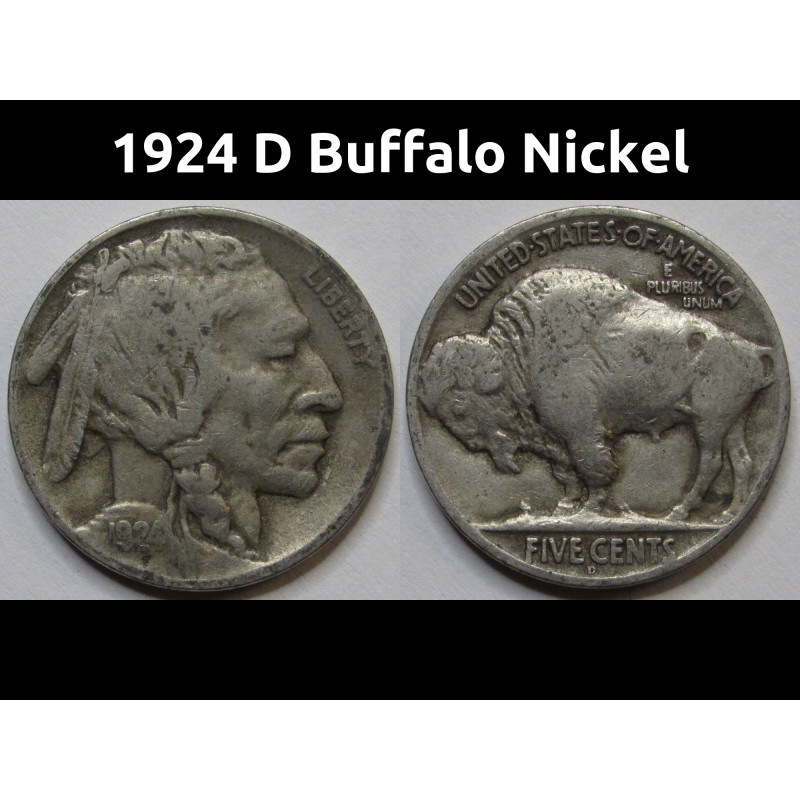 1924 D Buffalo Nickel - antique Denver mintmark American Indian nickel coin 1924 D Buffalo Nickel - antique Denver mintmark American Indian nickel coin