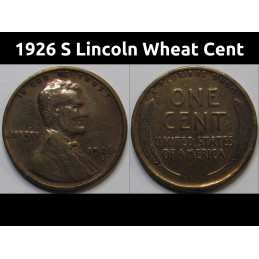 1926 S Lincoln Wheat Cent - antique scarce date San Francisco mintmark coin