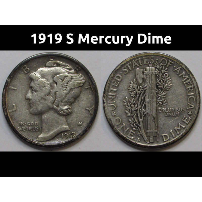 1919 S Mercury Dime - antique San Francisco mintmark silver dime
