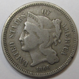 1866 Nickel Three Cents - antique Reconstruction era American odd denomination coin