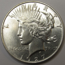 1927 D Peace Dollar - antique uncirculated Denver mintmark American silver dollar