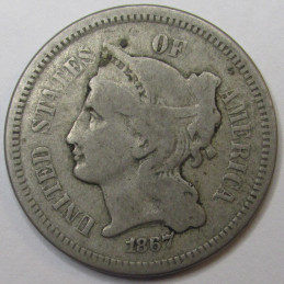 1867 Nickel Three Cents - antique Reconstruction era odd denomination American three cent coin