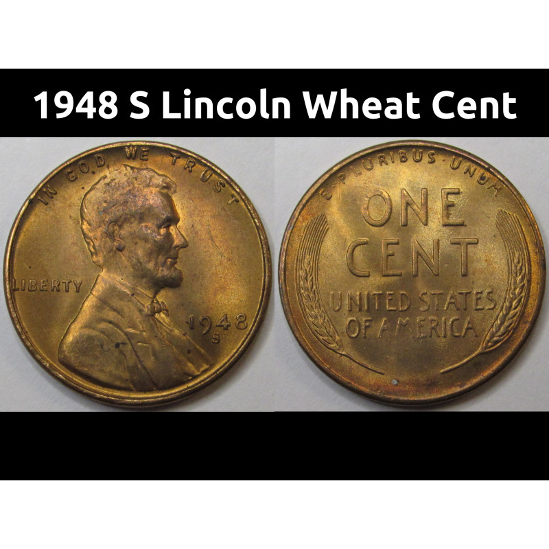1948 S Lincoln Wheat Cent - vintage San Francisco mintmark uncirculated American wheat penny
