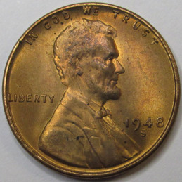 1948 S Lincoln Wheat Cent - vintage San Francisco mintmark uncirculated American wheat penny