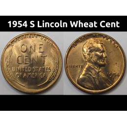 1954 S Lincoln Wheat Cent - antique San Francisco mintmark uncirculated wheat penny
