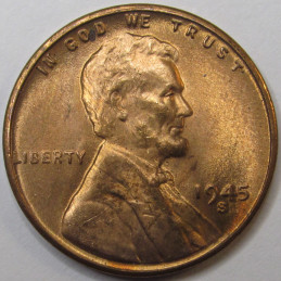 1945 S Lincoln Wheat Cent - antique San Francisco mintmark uncirculated American wheat penny