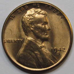 1942 S Lincoln Wheat Cent - antique San Francisco mintmark uncirculated wheat penny