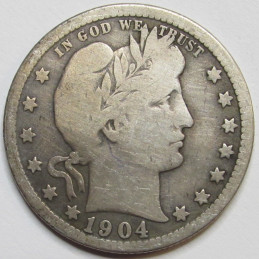 1904 Barber Quarter - antique American silver coin