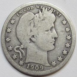 1909 Barber Quarter - antique American silver quarter