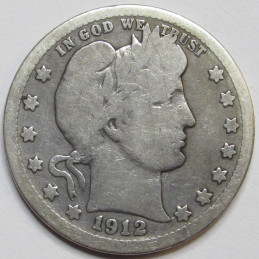 1912 Barber Quarter - antique American silver quarter coin