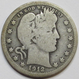 1912 Barber Quarter - antique American silver coin