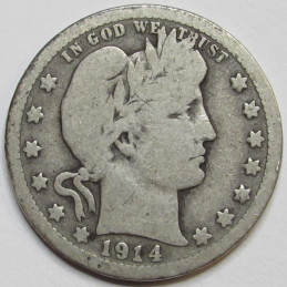 1914 Barber Quarter - antique American silver quarter