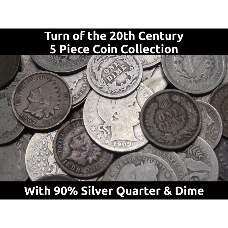 Turn of the 20th Century Coin Collection - 5 coin set with silver quarter & dime - old US coins set