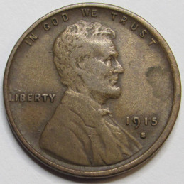 1915 S Lincoln Wheat Cent - antique low mintage San Francisco mintmark wheat penny