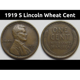 1919 S Lincoln Wheat Cent - antique San Francisco mintmark higher grade penny