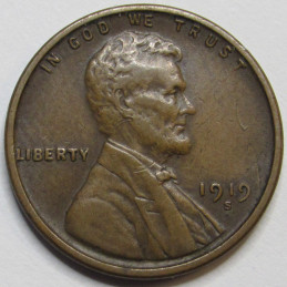 1919 S Lincoln Wheat Cent - antique San Francisco mintmark higher grade penny