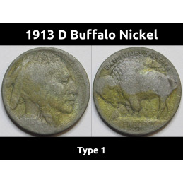 1913 D Buffalo Nickel - Type 1 - antique raised mound Denver mintmark bison nickel