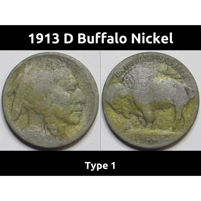 1913 D Buffalo Nickel - Type 1 - antique raised mound Denver mintmark bison nickel 1913 D Buffalo Nickel - Type 1 - antique raised mound Denver mintmark bison nickel