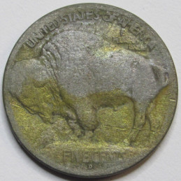 1913 D Buffalo Nickel - Type 1 - antique raised mound Denver mintmark bison nickel