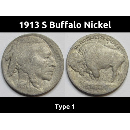 1913 S Buffalo Nickel - Type 1 - antique raised mound American bison nickel