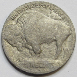 1913 S Buffalo Nickel - Type 1 - antique raised mound American bison nickel