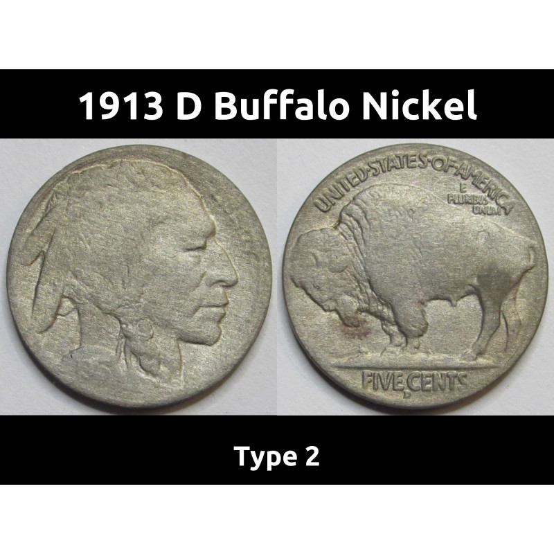1913 D Buffalo Nickel - Type 2 - antique key date American bison nickel 1913 D Buffalo Nickel - Type 2 - antique key date American bison nickel