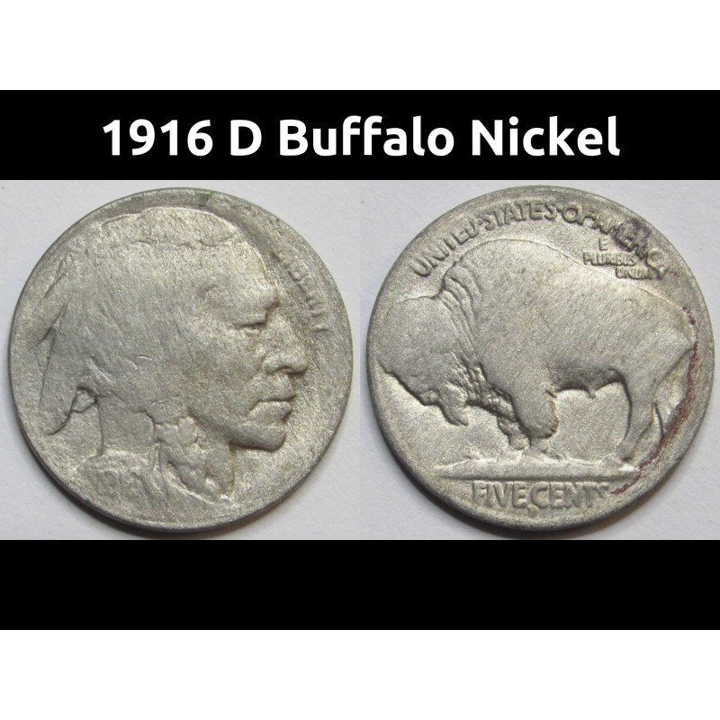1916 D Buffalo Nickel - antique Denver mintmark American bison nickel 1916 D Buffalo Nickel - antique Denver mintmark American bison nickel