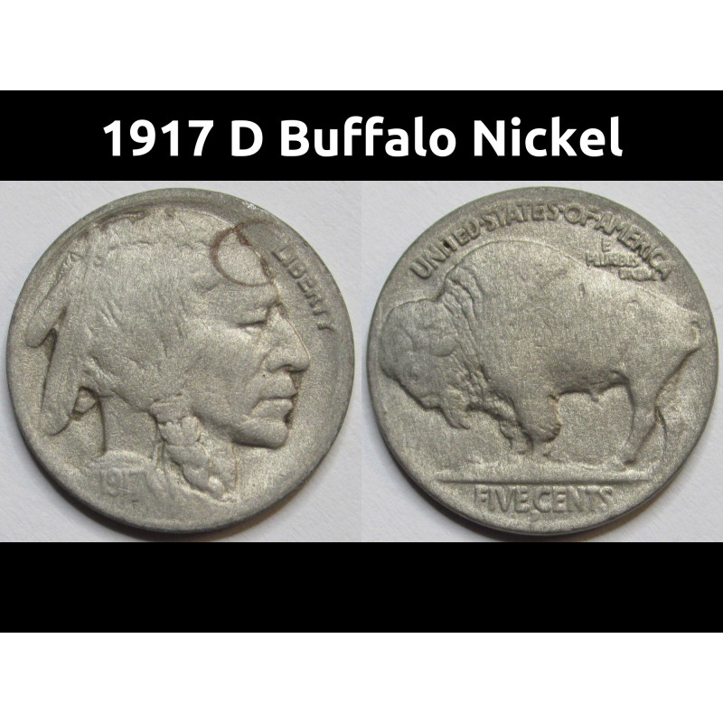 1917 D Buffalo Nickel - antique Denver mintmark American bison coin 1917 D Buffalo Nickel - antique Denver mintmark American bison coin