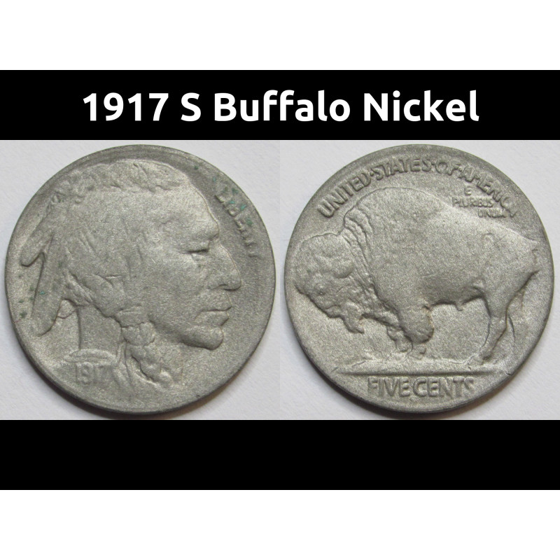 1917 S Buffalo Nickel - antique San Francisco mintmark American bison coin 1917 S Buffalo Nickel - antique San Francisco mintmark American bison coin
