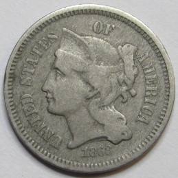 1868 Nickel Three Cents - odd denomination post Civil War era nickel coin