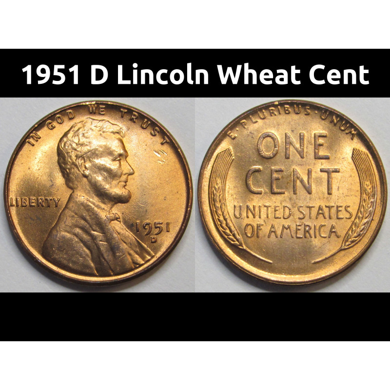 1951 D Lincoln Wheat Cent - antique Denver mintmark American wheat penny coin 1951 D Lincoln Wheat Cent - antique Denver mintmark American wheat penny coin