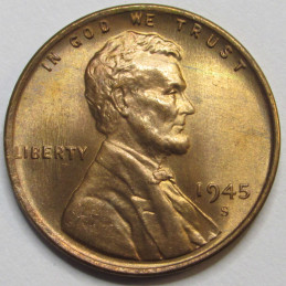 1945 S Lincoln Wheat Cent - antique San Francisco mintmark uncirculated wheat penny