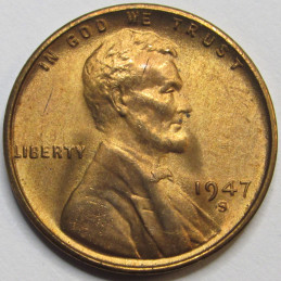 1947 S Lincoln Wheat Cent - antique San Francisco mintmark uncirculated wheat penny