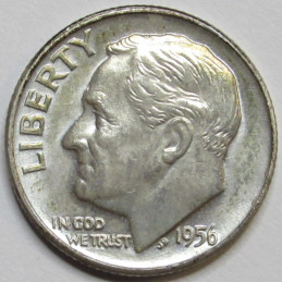 1956 D Roosevelt Dime - uncirculated American silver dime from Denver mint