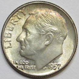 1957 Roosevelt Dime - toned uncirculated American silver dime