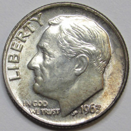 1963 Roosevelt Dime - toned uncirculated American silver dime
