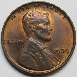 1939 Lincoln Wheat Cent - antique uncirculated thirties American wheat penny