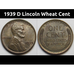 1939 D Lincoln Wheat Cent - antique uncirculated Denver mintmark American wheat penny