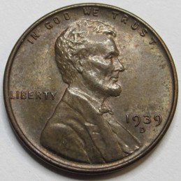 1939 D Lincoln Wheat Cent - antique uncirculated Denver mintmark American wheat penny