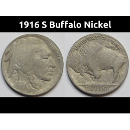 1916 S Buffalo Nickel - antique San Francisco mintmark American bison coin